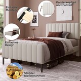 thumbnail of Polsterbett Einzelbett 90×200 mit verstellbarem Kopfteil, gepolstert, Leinenbezug, Massivholz und Metallrahmen, Schlafzimmer, Gästezimmer, Grau-Beige