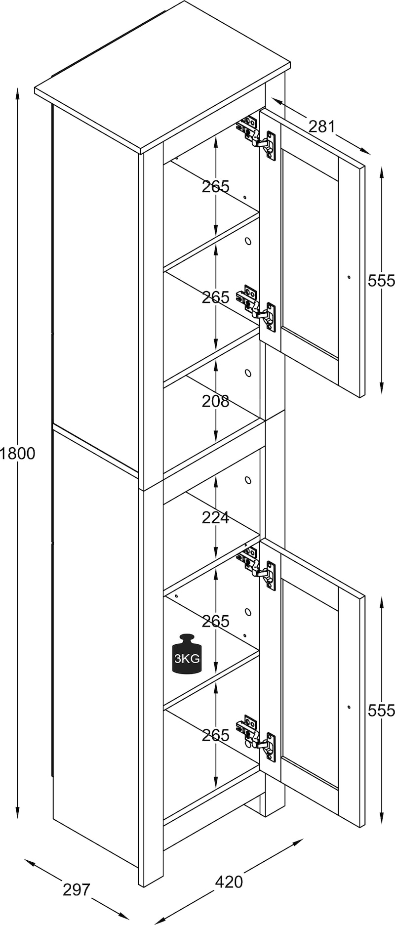 VCM Badmöbel Hochschrank Balusa Weiß H. 180 x B. 42 x T. 30 cm | METRO