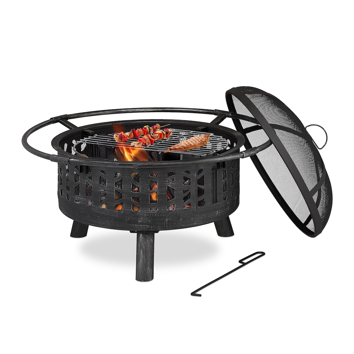 Relaxdays Feuerschale mit Grillrost & Funkenschutz, Schürhaken, Kohlerost, Ø 75 cm, Feuerstelle Garten, schwarz/silber