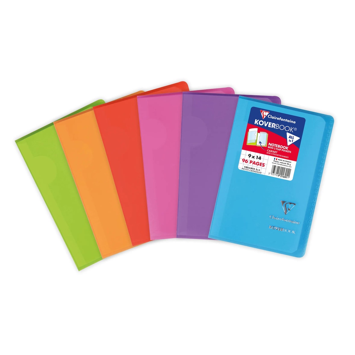 Clairefontaine 10x Koverbook Heft 9x14 cm, 48 Blatt kariert, Einband aus transparentem PP, Farben sortiert - Sortiert 921601C