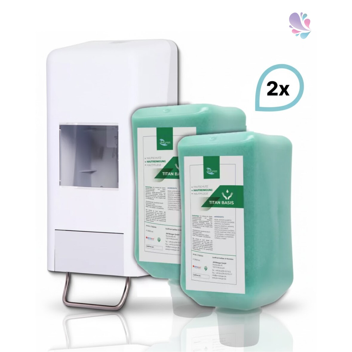 SET: Softflaschenspender 2.000 ml + 2x 2L-Vakuumflaschen Handreinigungspaste viskose, Titan Basis pH-neutral