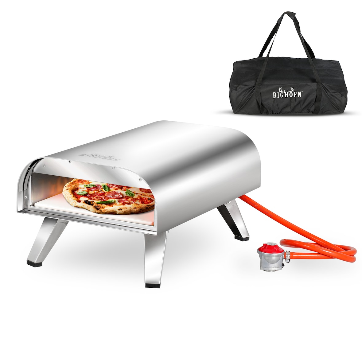 BIGHORN Gas Pizzaoven voor Buiten - Pizza Gourmet - Barbecue - Edelstaal - 30.5cm pizzasteen -temperatuurweergave tot 460 ° C - met Draagtas