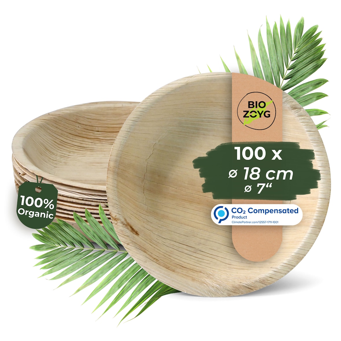 BIOZOYG 100 Stück Einwegteller Ø 18cm Palmblatt-Teller, rund, biologisch abbaubar, umweltfreundlich, kompostierbar, wiederverwertbar, Wegwerfteller