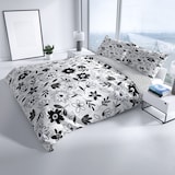 thumbnail of Bettwäsche Baumwolle Renforce 135x200 cm  Weiß Schwarz florales Muster mit kariertem Wendestil Reißverschluss