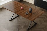 thumbnail of Esstisch MDF in Walnuss mit schwarzen Metallbeinen, 180x90 cm, X-Gestell, für 6–8 Personen