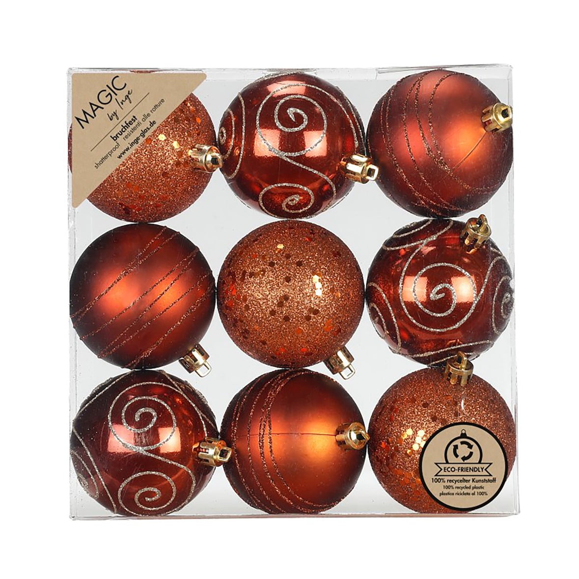 9 Weihnachtskugeln Kunststoff 6cm bruchsicher & mit Glitzer Muster Christbaumkugeln Weihnachtsbaum Deko Weihnachtsbaumkugeln Christbaumschmuck Kupfer