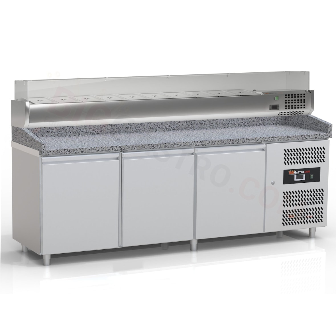 Pizzakühltisch - Pizzatisch mit 3 Türen inkl. Glaskühlaufsatzvitrine für 1/4 GN Behälter - IDEAL graue Granitarbeitsplatte