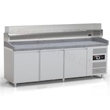 thumbnail of Pizzakühltisch - Pizzatisch mit 3 Türen inkl. Glaskühlaufsatzvitrine für 1/4 GN Behälter - IDEAL graue Granitarbeitsplatte
