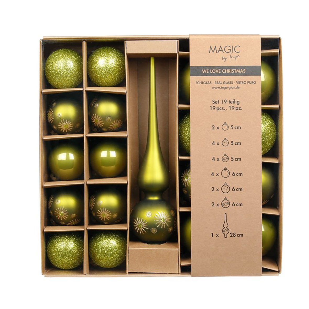 19 Weihnachtskugeln Glas 5-6cm mit Spitze Set Glitzer Motiv Christbaumkugeln Weihnachtsbaumkugeln Christbaumspitze Christbaumschmuck Deko Olivgrün