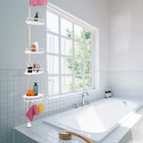 thumbnail of Relaxdays Duschregal Teleskop, H: 99–311 cm, ohne Bohren, zum Klemmen, für Ecke, 4 Duschablagen, Handtuchstange, weiß