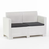 thumbnail of Conjunto de jardín SALINA en resina efecto ratán con cojines desenfundables, compuesto por sofá de dos plazas, dos sillones y mesa contenedor – Blanco