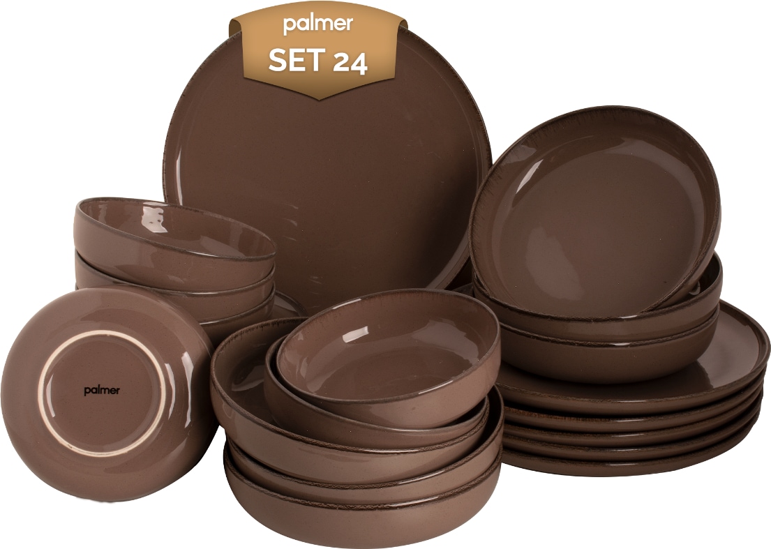Een bruine keramische servies set.