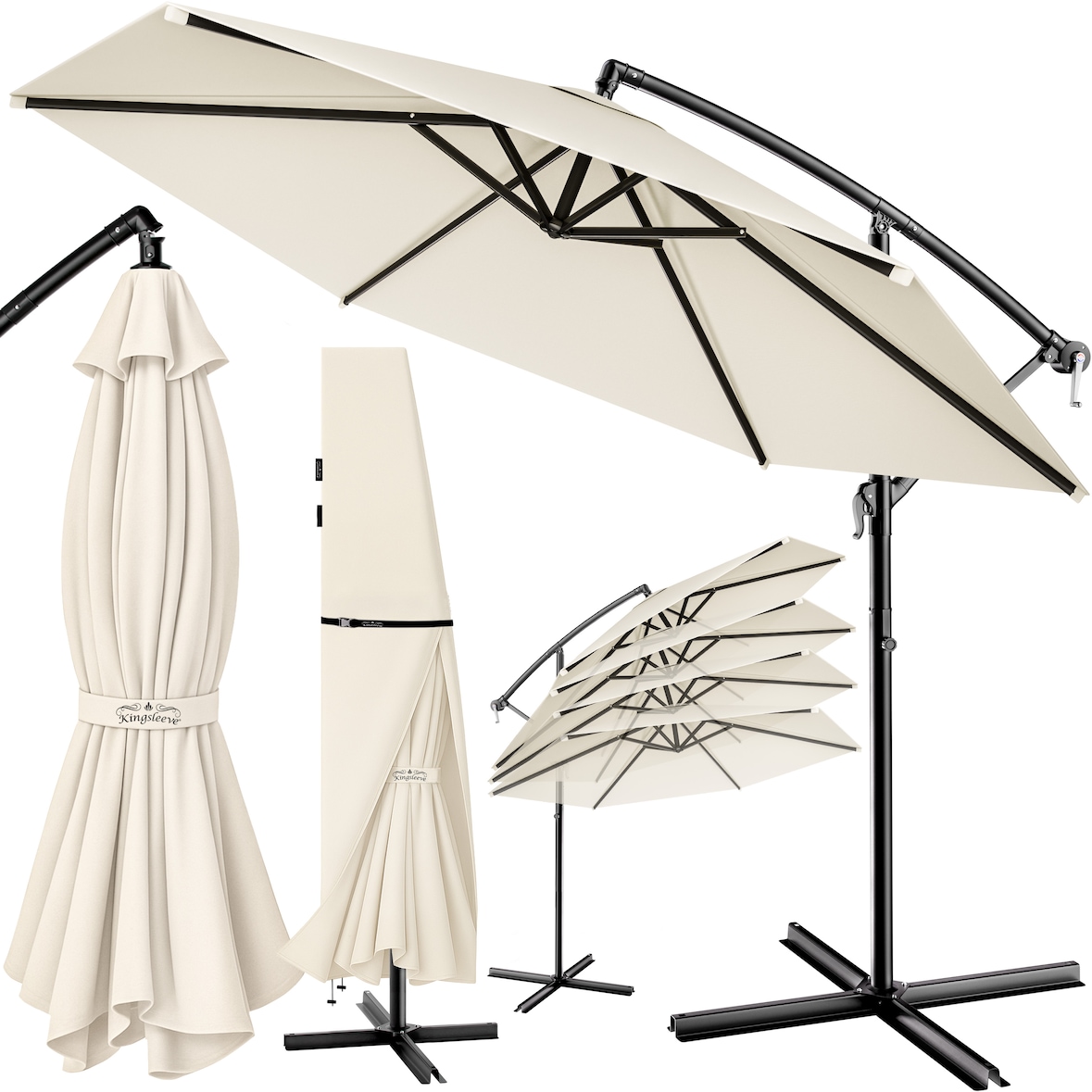 Kingsleeve Sonnenschirm Ø 330cm mit UV-Schutz 80+ Schutzhülle Kurbel Ampelschirm Creme