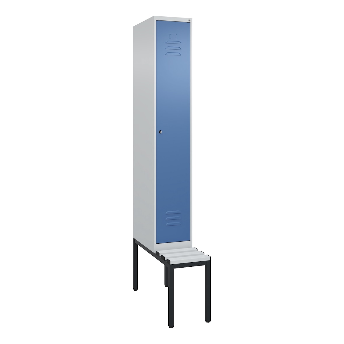 C+P Spind Classic PLUS, Kunststoff untergebaute Sitzbank, 1 Abteil, HxBxT 212x30x82cm, Zylinderschloss, Hellgrau/Fernblau von PROREGAL