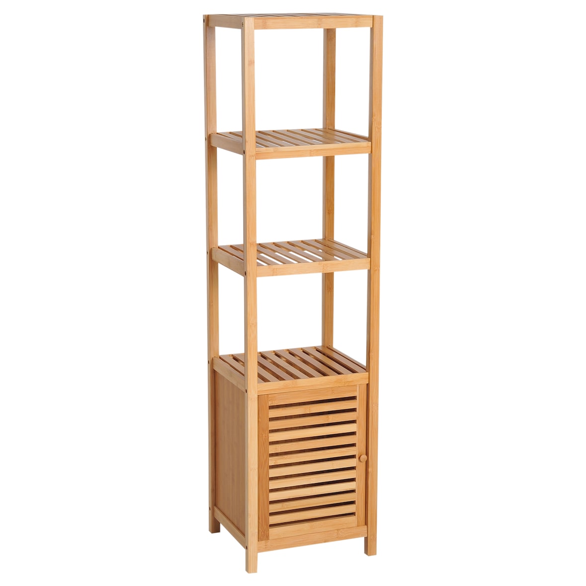 Estantería de Bambú para Baño Armario Alto Librería Organizador 4 Nivel 1 Puerta 33x36,5x140 cm