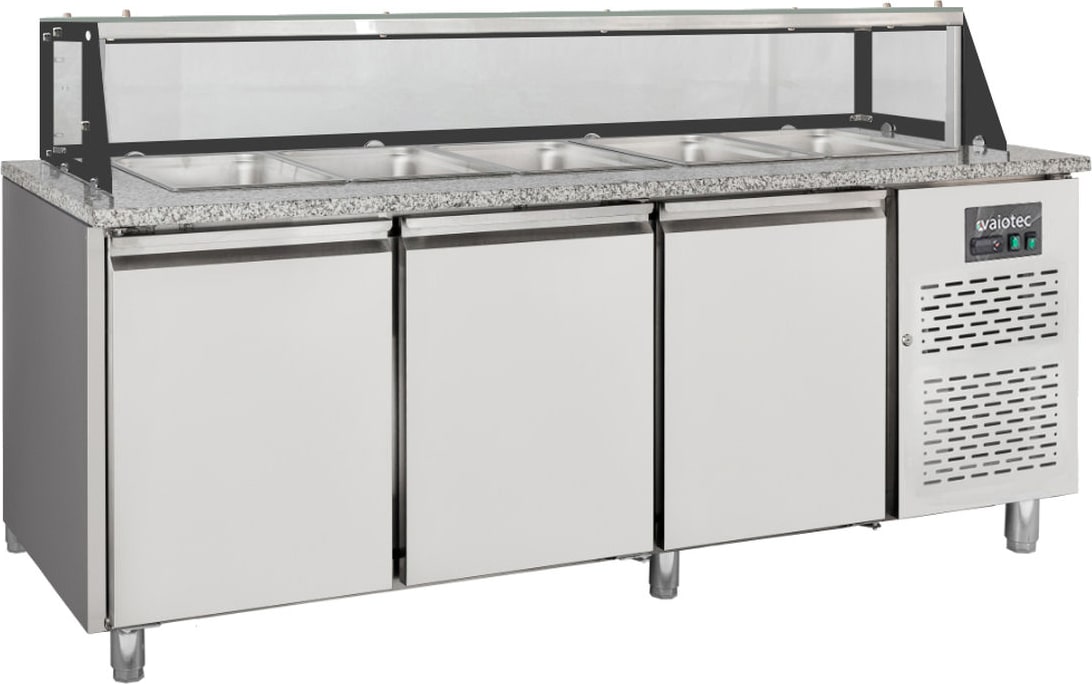vaiotec Salattheke, 3-fach mit Türen, Glasaufbau, für 5x GN 1/1 grau, 2000 x 800 mm