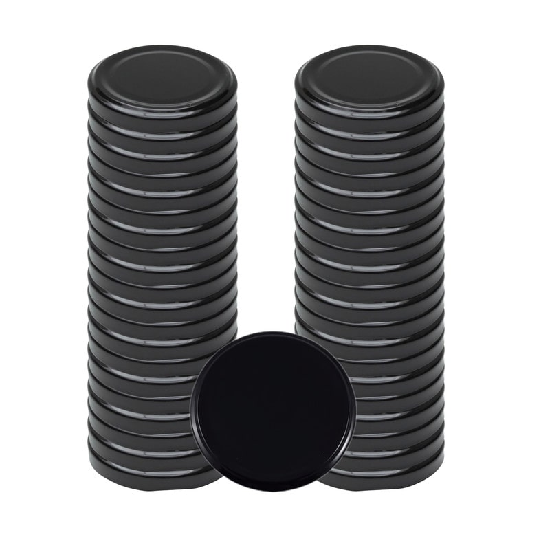 Tampas metálicas universais pretas 63mm - 250 unid para frascos de conservas e compotas