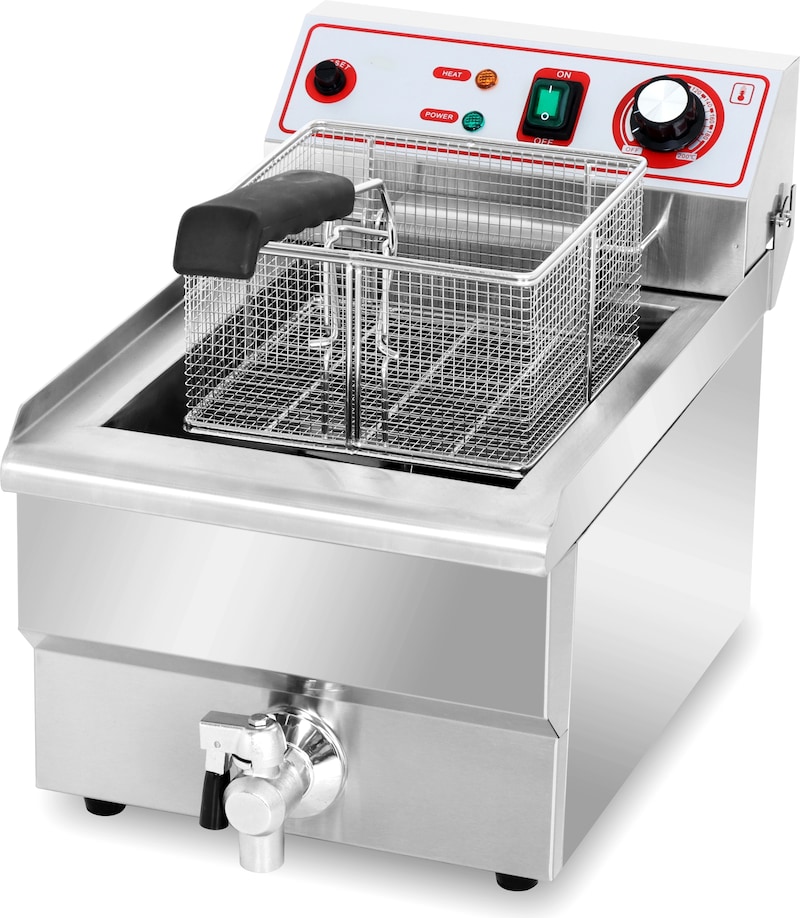 Una freidora eléctrica profesional con cesta.