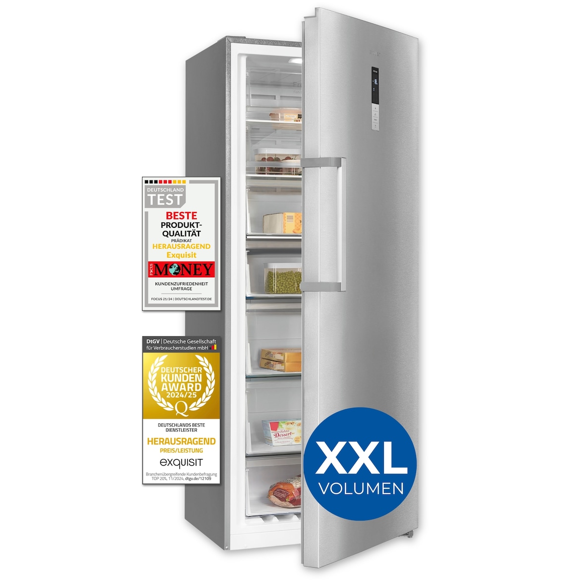 Exquisit Gefrierschrank, Tiefkühlschrank, Kombigerät, Kühlfunktion, 380 Liter, Schnellgefrieren, Schnellkühlen, GS5380-NF-H-050D inoxlook