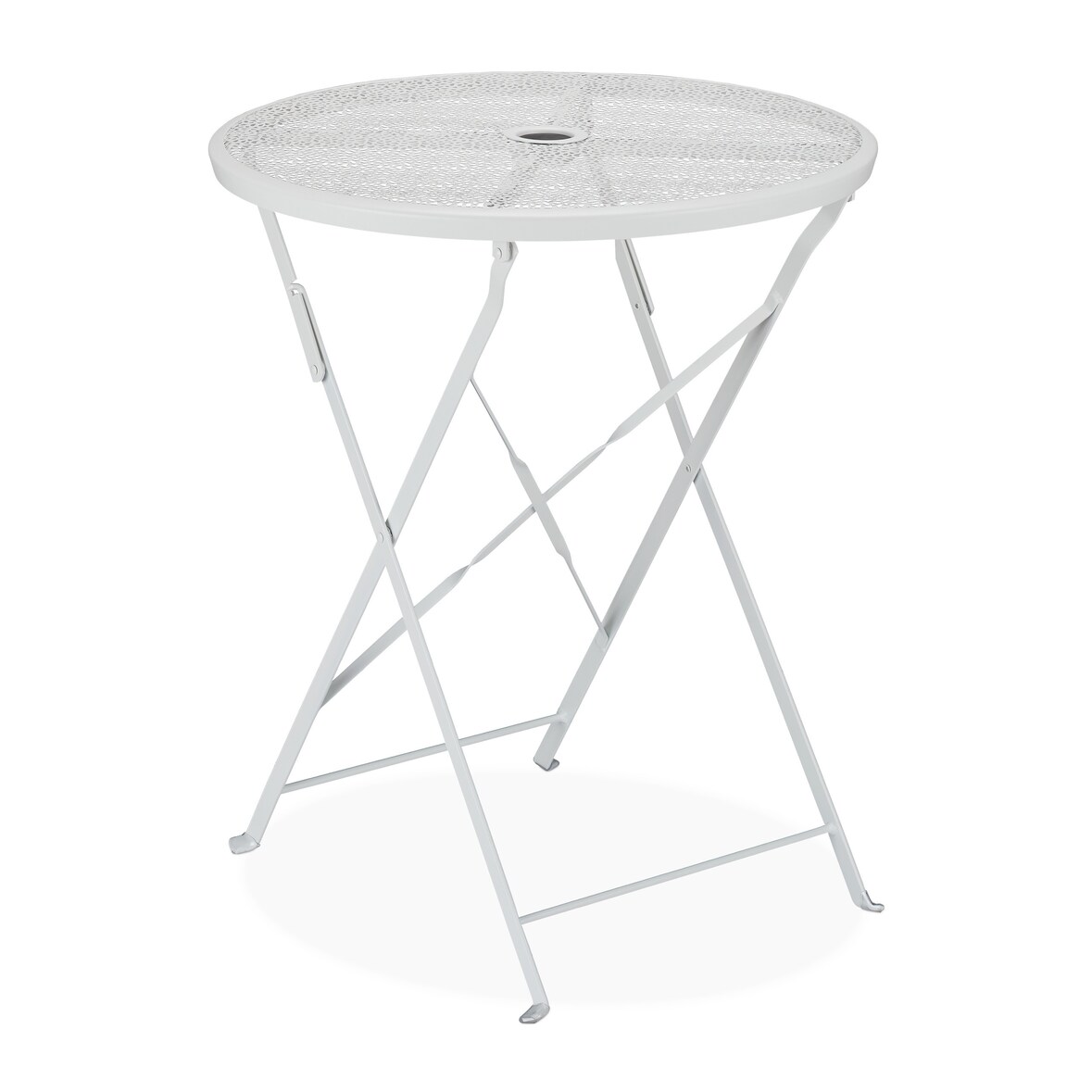 Relaxdays Balkontisch, Schirmloch, Terrazzo Muster, HxD: 71,5 x 60,5 cm, Stahl, klappbar, runder Gartentisch, weiß