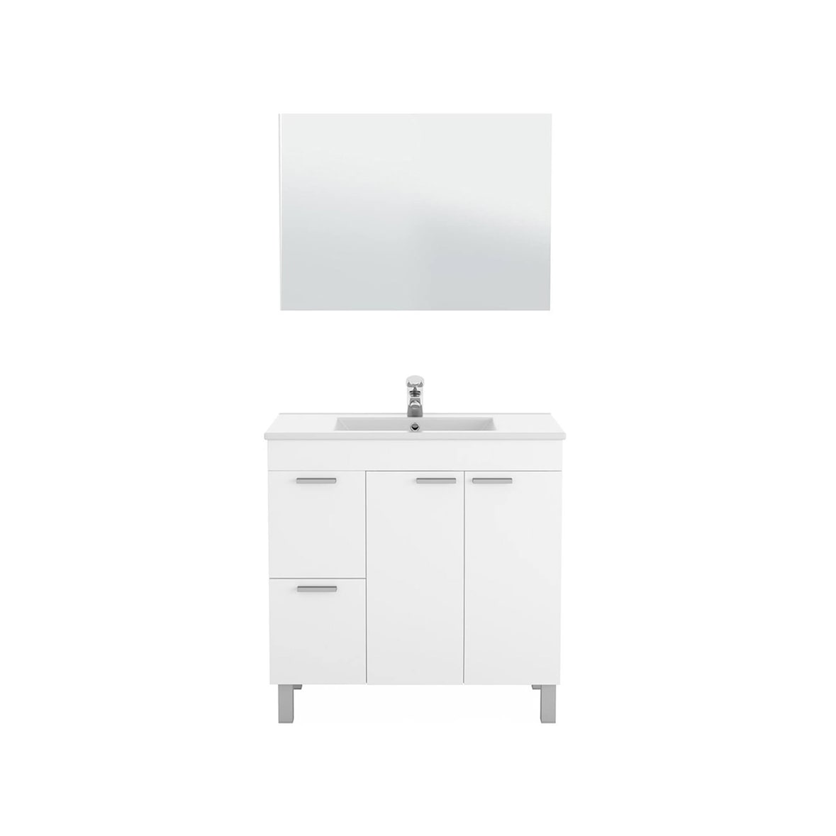 Dmora Unterschrank Lakewood, Badezimmerschrank, Kleiderschrank mit 2 Türen und zWeißchubladen mit Spiegel, 80x45h80 cm, Glänzend Weiß