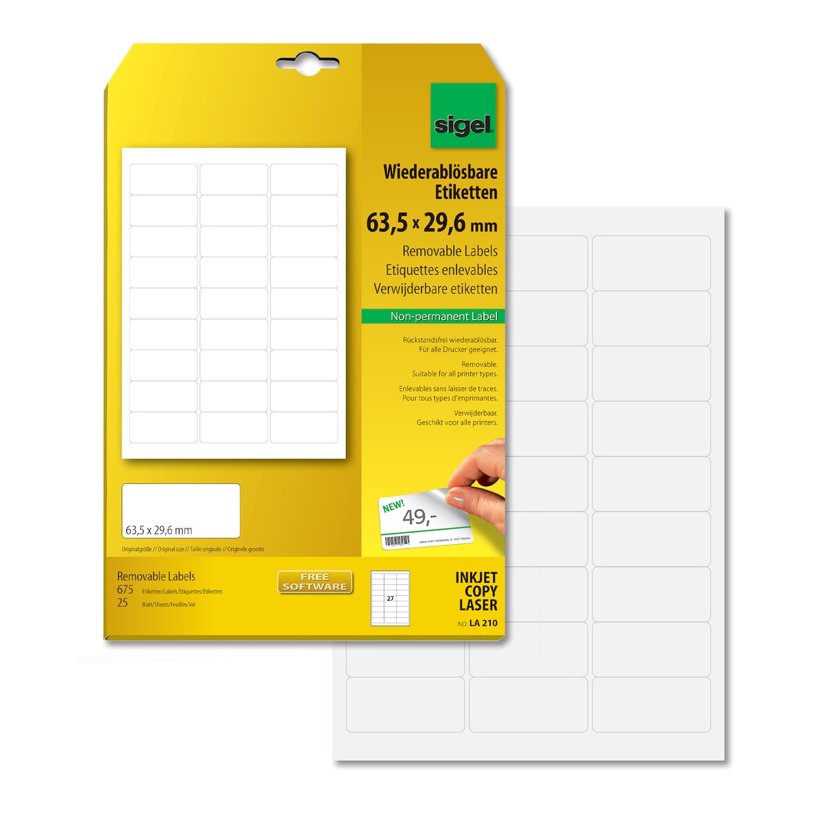 Sigel LA210 Wiederablösbare Etiketten, 63,5 x 29,6 mm, weiß, 675 Etiketten