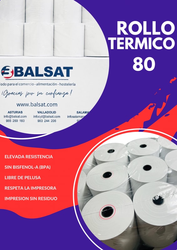 BALSAT Rollo Ticket 80x80 Térmico SIN BPA (MK), 20 Rollos | Makro