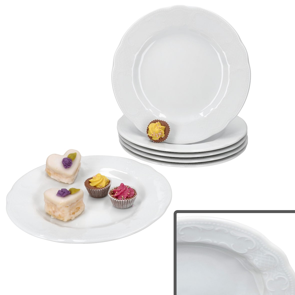 6er Set Salzburg Kuchenteller weiß Porzellan 6 Personen Relief Dessert-Teller