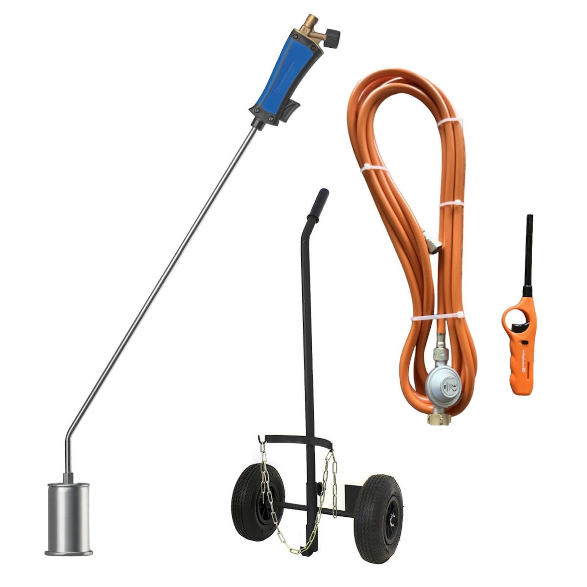 Desherbeur thermique + Tuyau gaz 5m, Détendeur propane, Allume gaz & Chariot à roues - Bruleur gaz 60mm Mauvaises Herbes KEMPER