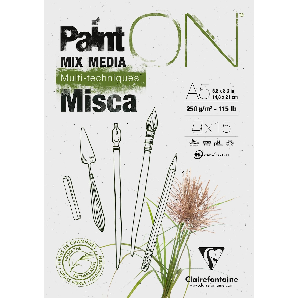 Clairefontaine 4x PaintON Misca, Block A5 15 Blatt 250g, Mixed Media - 976120C