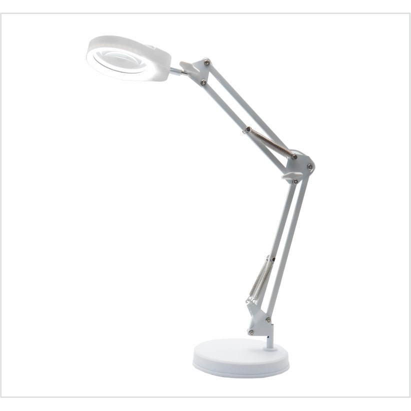Lámpara LED con lupa de aumento X5 Ø95mm blanca, luz regulable 3 tonos, brazo giratorio 60cm, base estable y abrazadera metálica