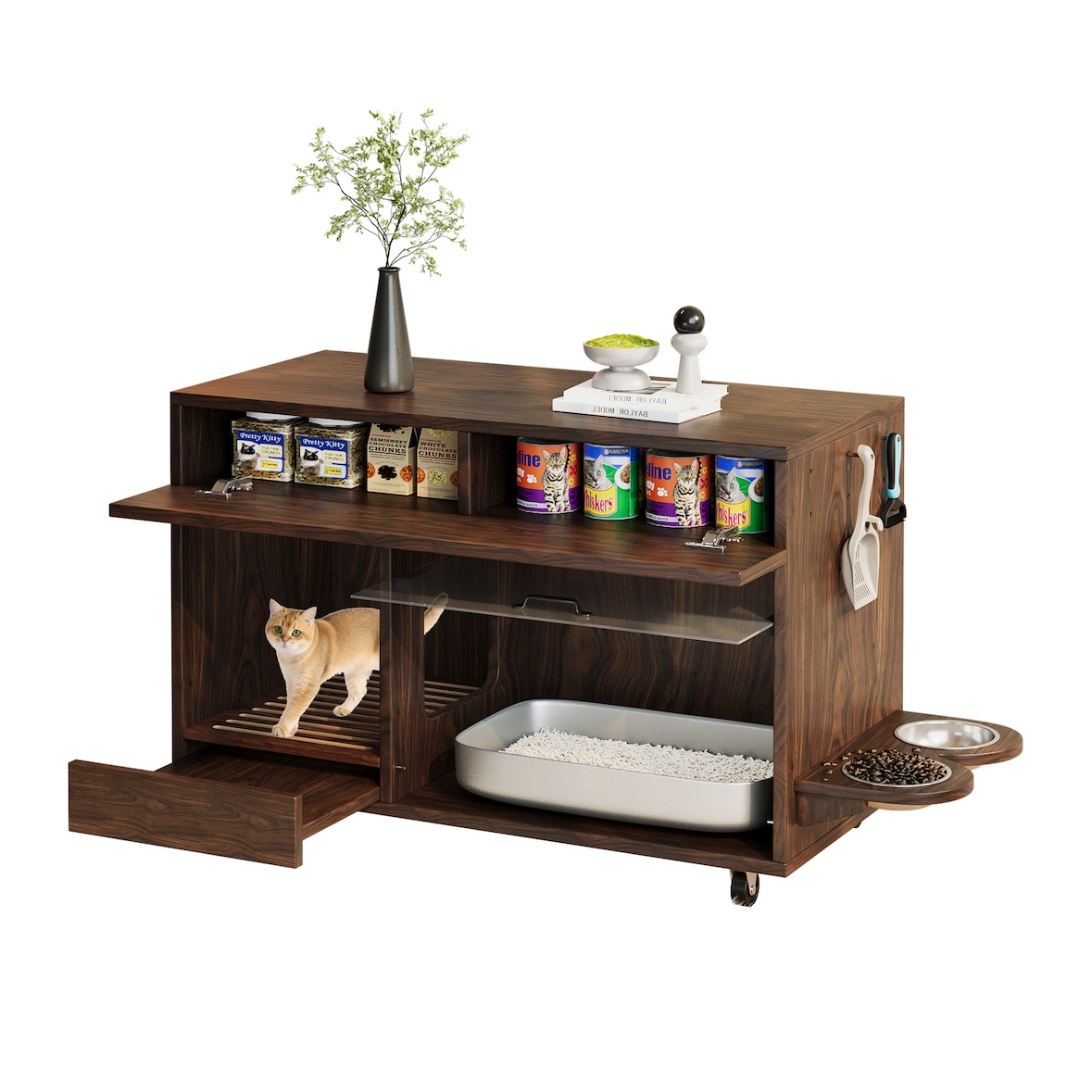 Merax Mobiler Katzentoiletten-Schrank auf Rollen, Kommode mit Stauraum, Sandauffangschale & Futternäpfen, 100x45.5x67cm, Nussbaum