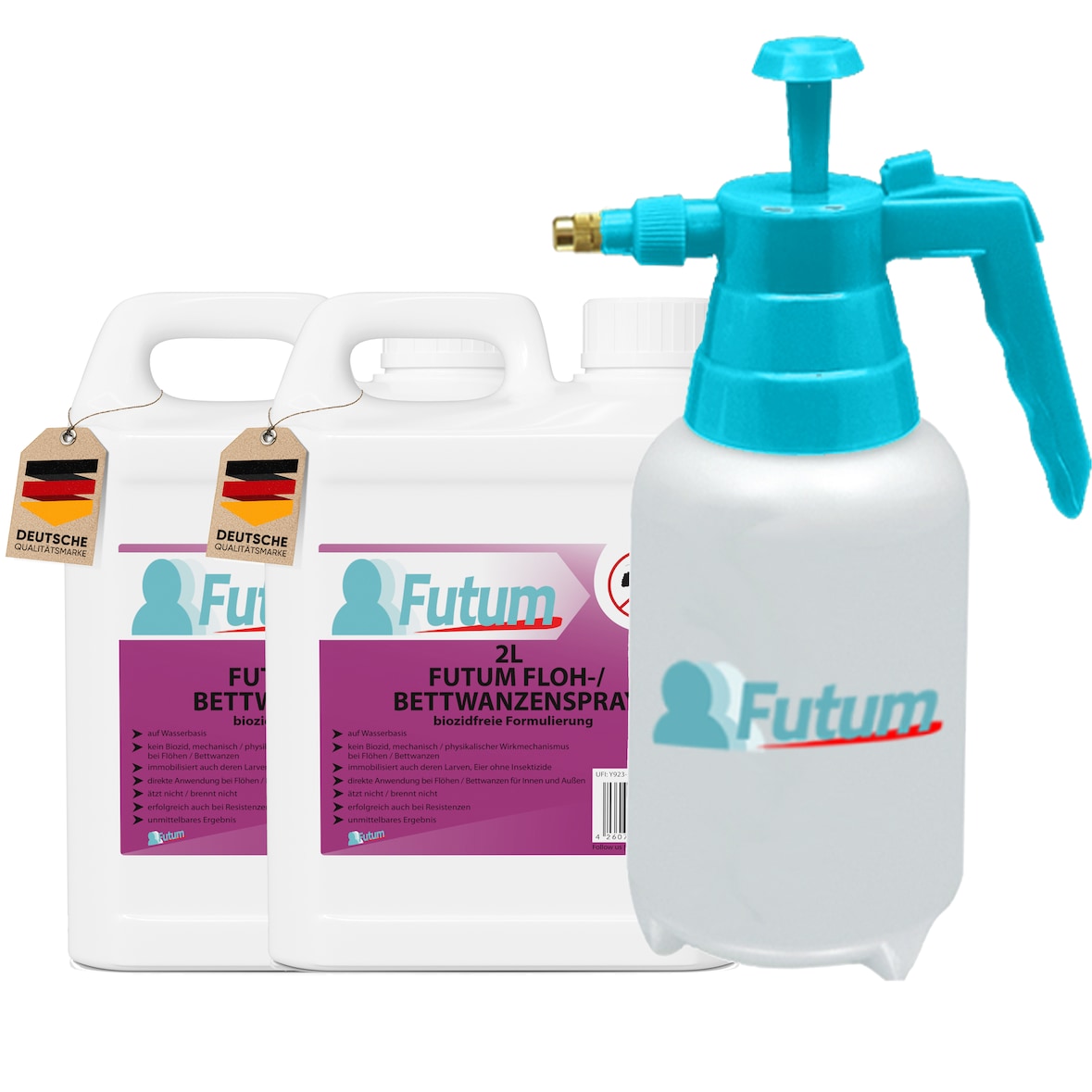 FUTUM 2x2L Bettwanzenspray / Flohspray bekämpft Insekten, Eier, Larven ohne Biozide auf Wasserbasis,  Sofortwirkung ohne Flecken  + 2L Sprüher