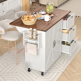 thumbnail of Kücheninsel Servierwagen Beige 140x73x93 cm mit klappbarer Arbeitsplatte, 3 Schubladen, Schrank mit Türen, 5 Rollen mit Feststellern