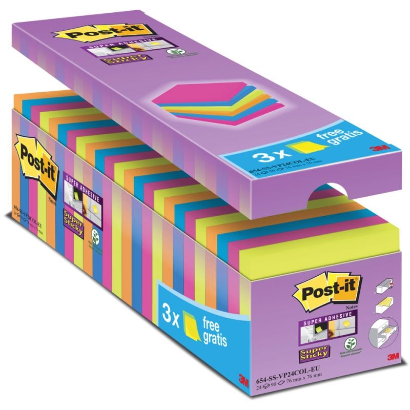 Post-it® SuperSticky 654-SE24P Haftnotiz Super Sticky Notes Vorteilspack - 76 x 76 mm, 24x 90 Blatt