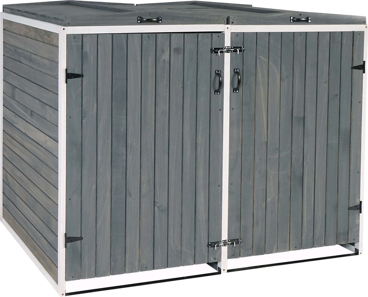 XL 2er-/4er-Mülltonnenverkleidung HWC-H74, Mülltonnenbox, erweiterbar 126x158x98cm Holz MVG ~ grau-weiß