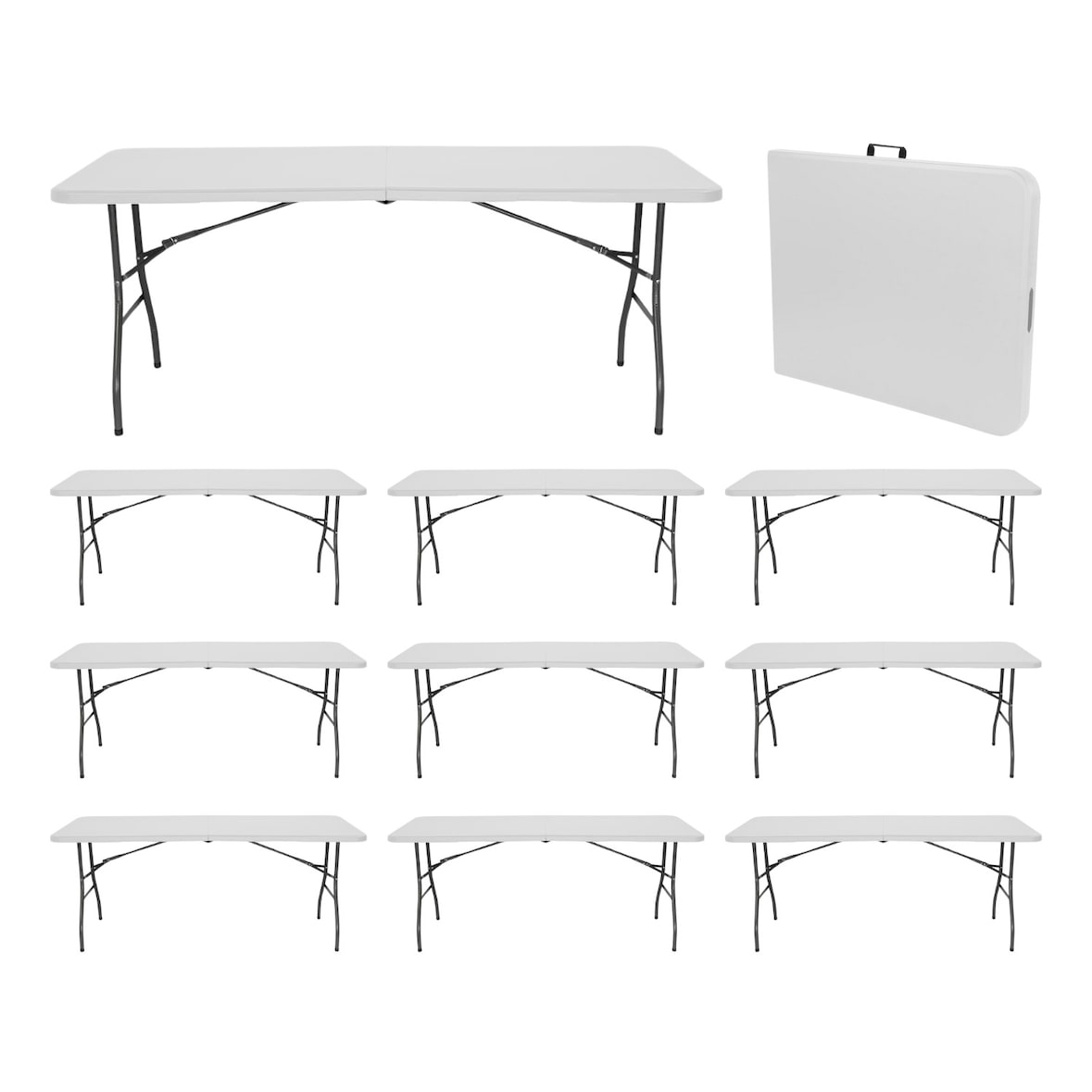 Megapack 10 Tavoli Pieghevoli Portatili in Resina 180cm Bianco 7house