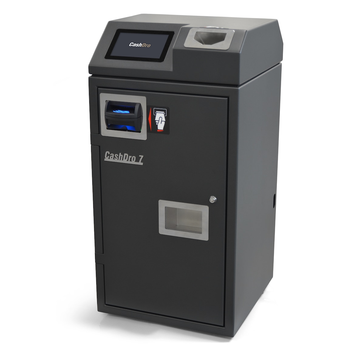 Máquina de gestión de efectivo CASHDRO 7, con inserción y devolución de billetes en fajo. Capacidad de hasta 2,240 billetes y 3,000 monedas