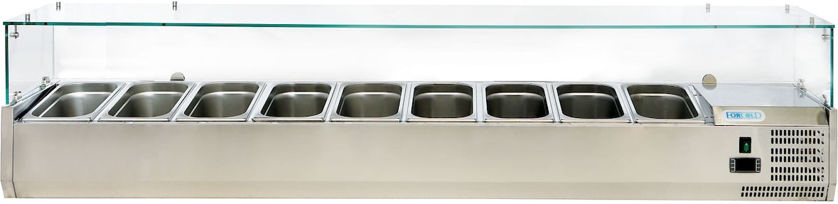 Gekühlte Vitrine mit Glas. Fassungsvermögen 9xGN1/3. Abmessungen (BxTxH) 200x38x43,5 cm. ForCold von FIMAR Modell G-VRX2000-380