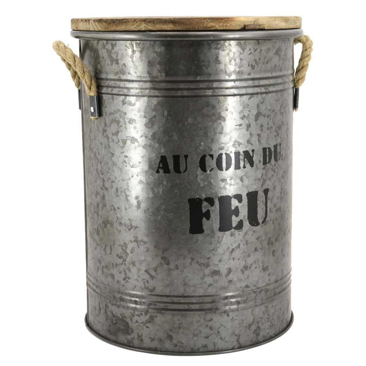 Tabouret et seau à pellets métal galvanisé au coin du feu Aubry Gaspard