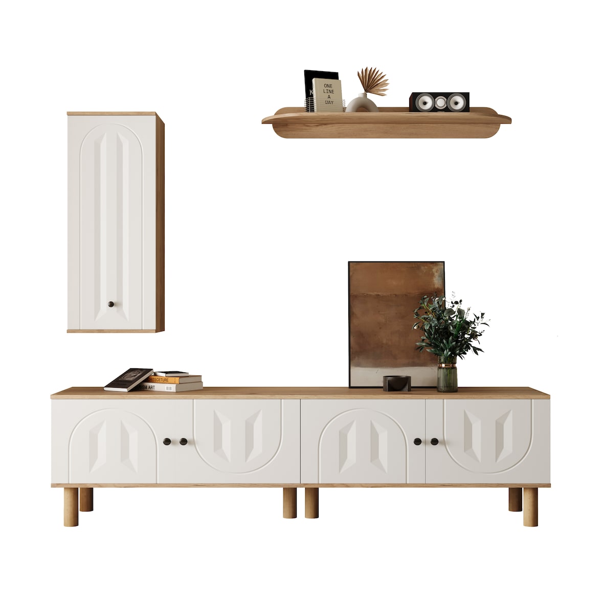 Wohnwand 3-teilig TV Lowboard Vitrine Wandboard Weiß+Naturholz 48x170x40 cm mit geschnitzten Türpaneelen flexiblem Kombi Design und viel Stauraum