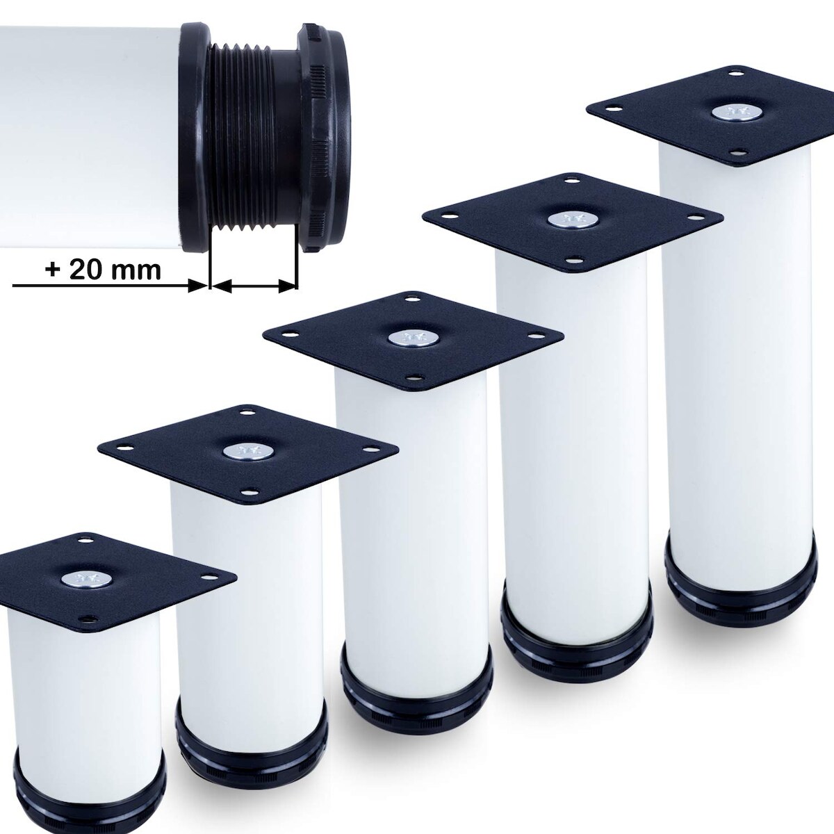 ID Dinkel Möbelfuße verstellbar 50mm Sofafuß Küchenfuß Sockelfüße Bettfüße Bein Weiß 50 mm
