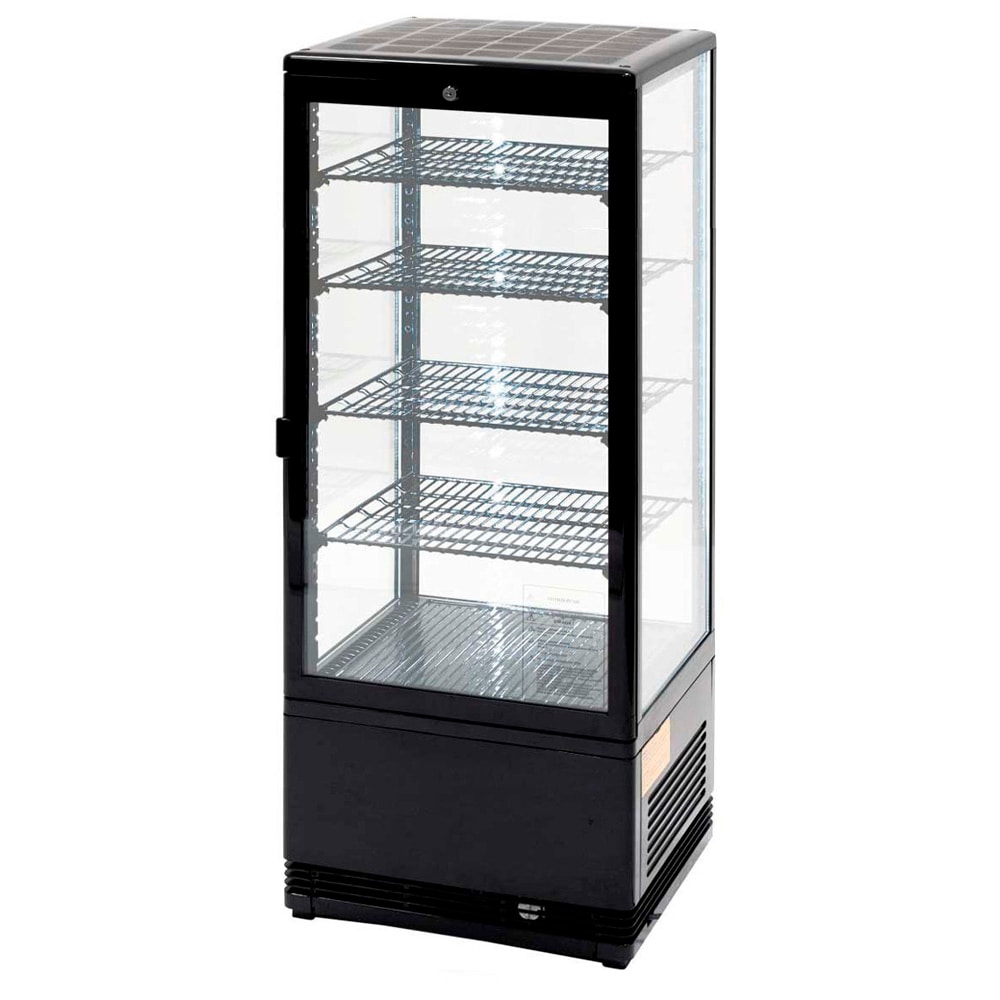 Romux® Vitrine Pasteleira Expositora Refrigerada Vertical 4 Prateleiras 1 Porta Preta 100 Litros Ventilada | Vitrine de Bancada Cristal Reto