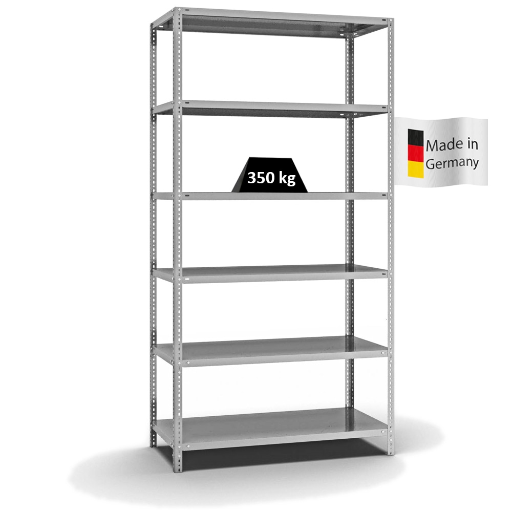 PROREGAL Fachbodenregal Schraubsystem | Grundregal | HxBxT 250x130x60cm | 6 Ebenen | Fachlast 350 kg | Beidseitig nutzbar | Verzinkt