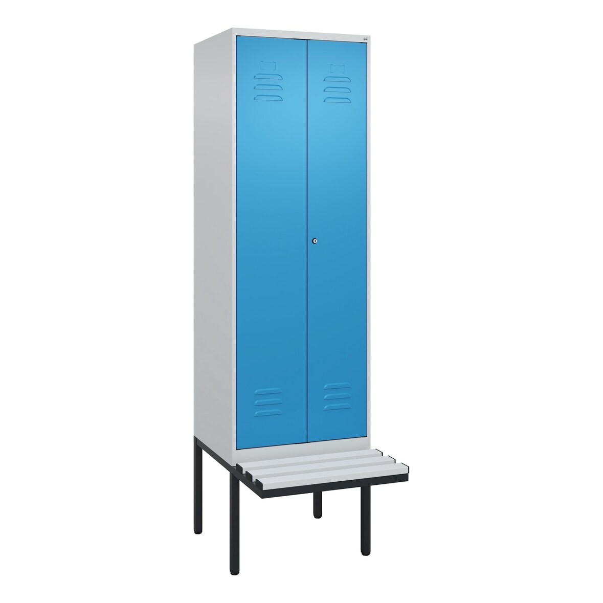 C+P Doppel-Spind Classic PLUS, Kunststoff schwebende Sitzbank, 2 Abteile, HxBxT 212x60x82cm, Zylinderschloss, Hellgrau/Lichtblau von PROREGAL