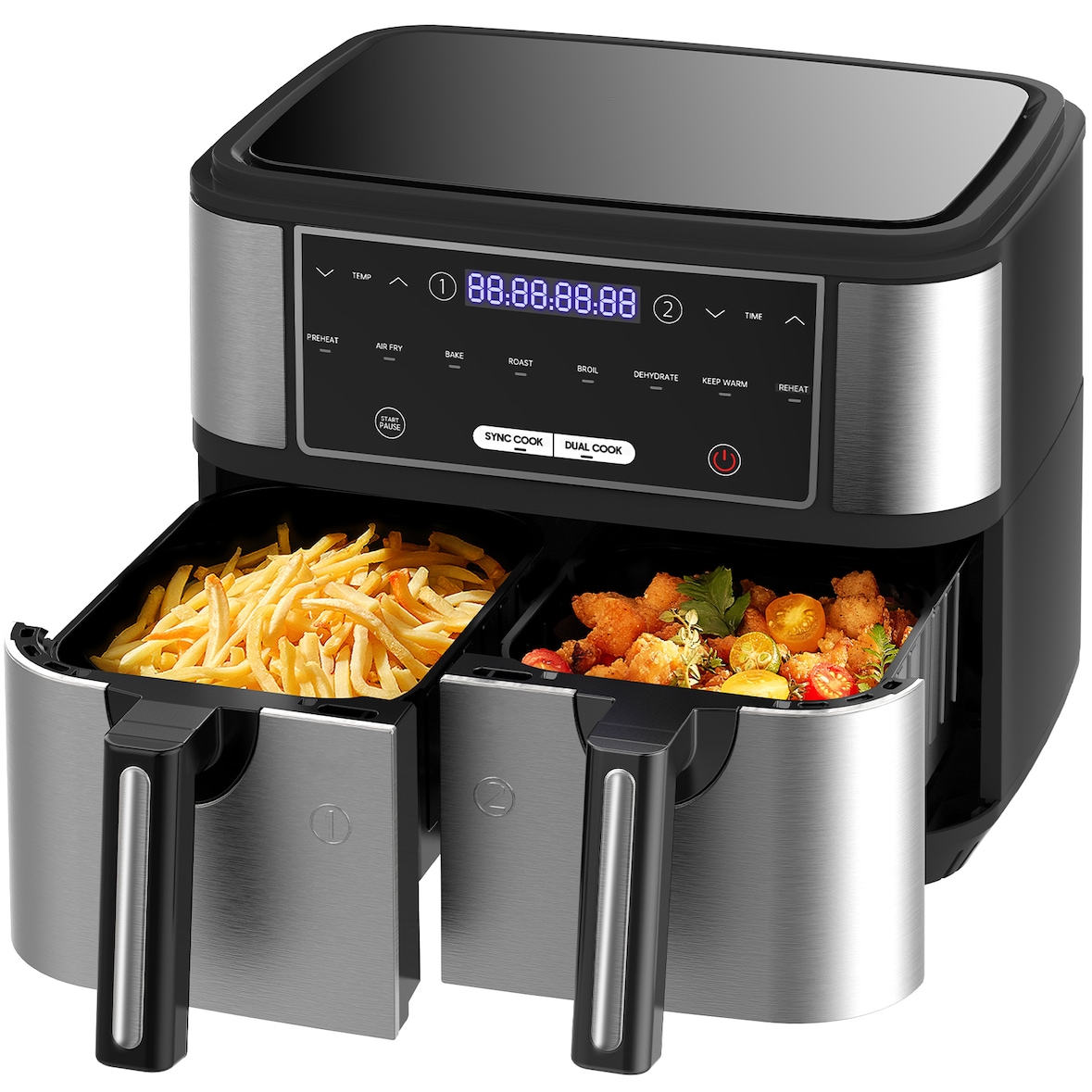Dual Zone Heißluftfritteuse Doppelkammer 10L | Airfryer mit 2x5 L Körben, Friteuse Heissluft ohne Öl, 8 Programmen, Vorheizen&Warmhalten, 2600W