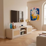 thumbnail of TV-Schrank aus Holz mit 2 Rattantüren, 160 cm breit, cremefarben