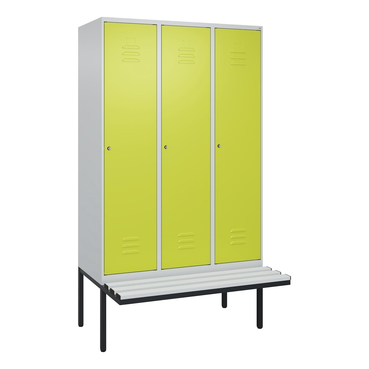 C+P Spind Classic PLUS, Kunststoff schwebende Sitzbank, 3 Abteile, HxBxT 212x120x82cm, Zylinderschloss, Hellgrau/Clowngrün von PROREGAL