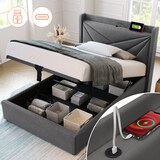 thumbnail of Einzelbett 90×200 mit Stauraum, USB Typ C Ladefunktion, komfortables Kopfteil aus Baumwolle-Leinen, robuste Latten, modernes Design, Grau