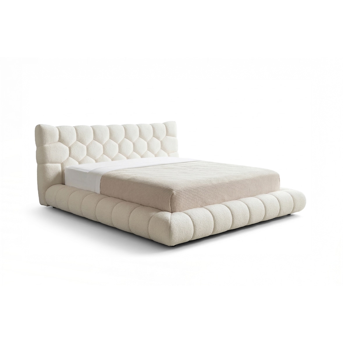 Cama KAWOLA ATTICO Cama tapizada Tejido blanco crema 200 x 200 cm con somier de láminas